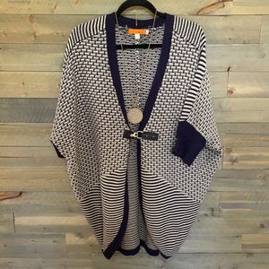 Navy and Creme sweater with front clasp